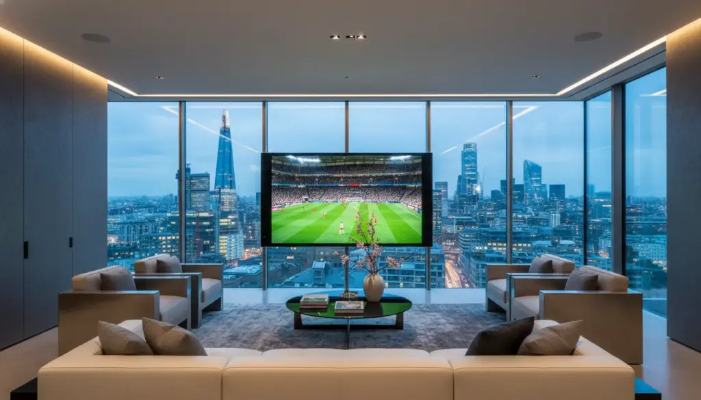 4k iptv service uk A premium IPTV hardware setup with a sleek remote and set-top box in a professionally lit, high-tech environment.