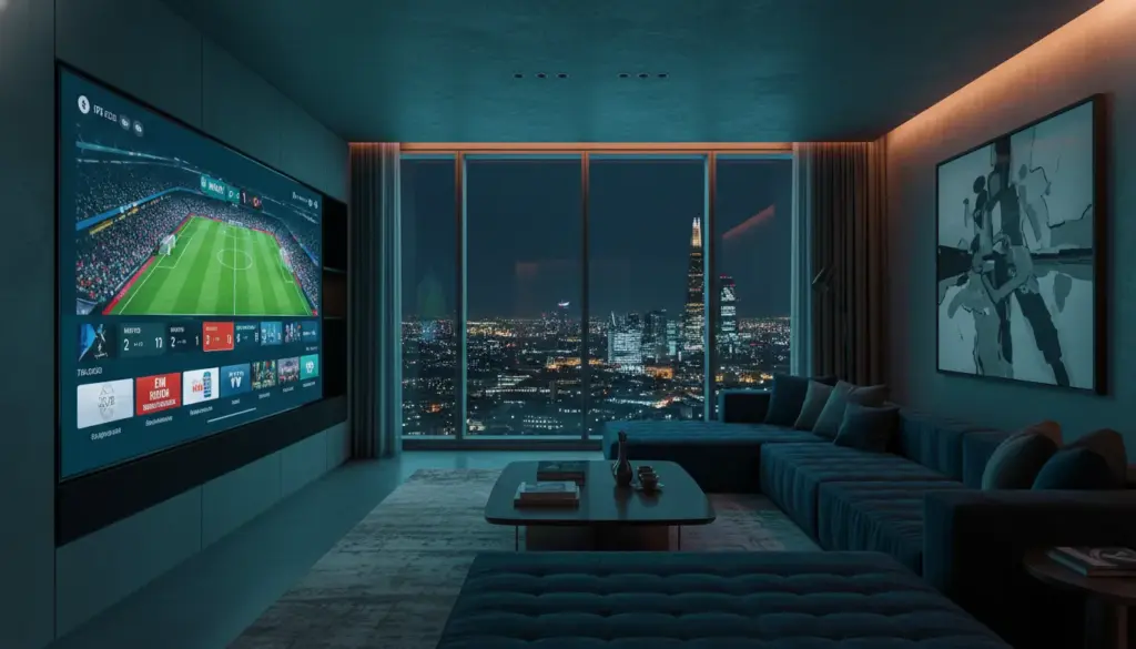 best iptv provider uk Luxury UK home interior featuring a high-definition IPTV streaming interface on a large OLED screen with cinematic lighting.