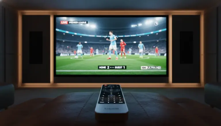 best iptv provider uk Detailed view of a buffer-free 4K sports stream on a professional home cinema display, representing reliable UK IPTV services.