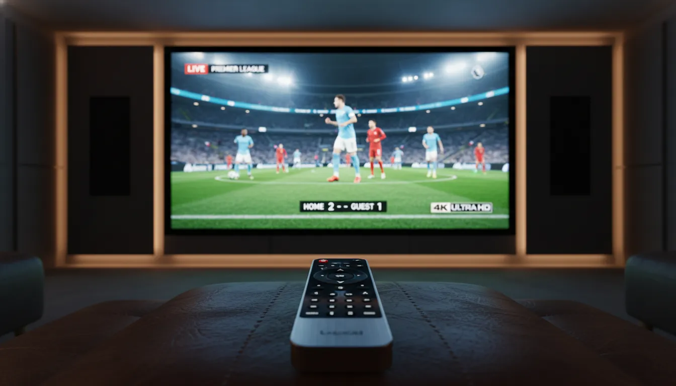 best iptv provider uk Detailed view of a buffer-free 4K sports stream on a professional home cinema display, representing reliable UK IPTV services.