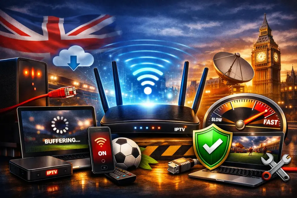 How to Fix IPTV Buffering a bold, eye‑catching design optimized for YouTube. It features a glowing Wi‑Fi router at the center, a speed gauge in the “FAST” zone, and streaming devices surrounded by dynamic light streaks. The background includes the Union Jack and London skyline, symbolizing UK streaming excellence and technical mastery.