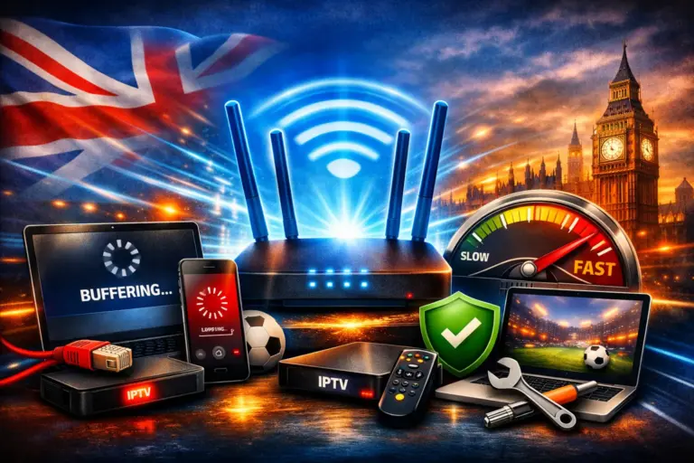 How to Fix IPTV Buffering a bold, text‑free design optimized for YouTube. It features a glowing Wi‑Fi router, streaming devices, a speedometer in the “FAST” zone, and UK elements like the Union Jack and London skyline. The dynamic lighting and vibrant colors make it eye‑catching and perfect for grabbing attention in YouTube feeds.