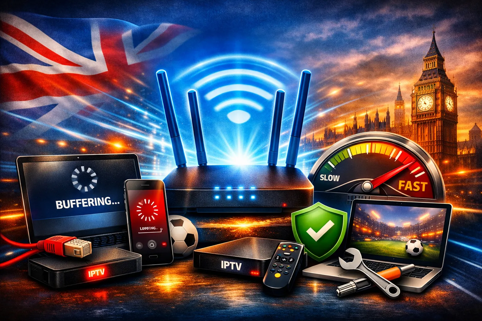 How to Fix IPTV Buffering a bold, text‑free design optimized for YouTube. It features a glowing Wi‑Fi router, streaming devices, a speedometer in the “FAST” zone, and UK elements like the Union Jack and London skyline. The dynamic lighting and vibrant colors make it eye‑catching and perfect for grabbing attention in YouTube feeds.