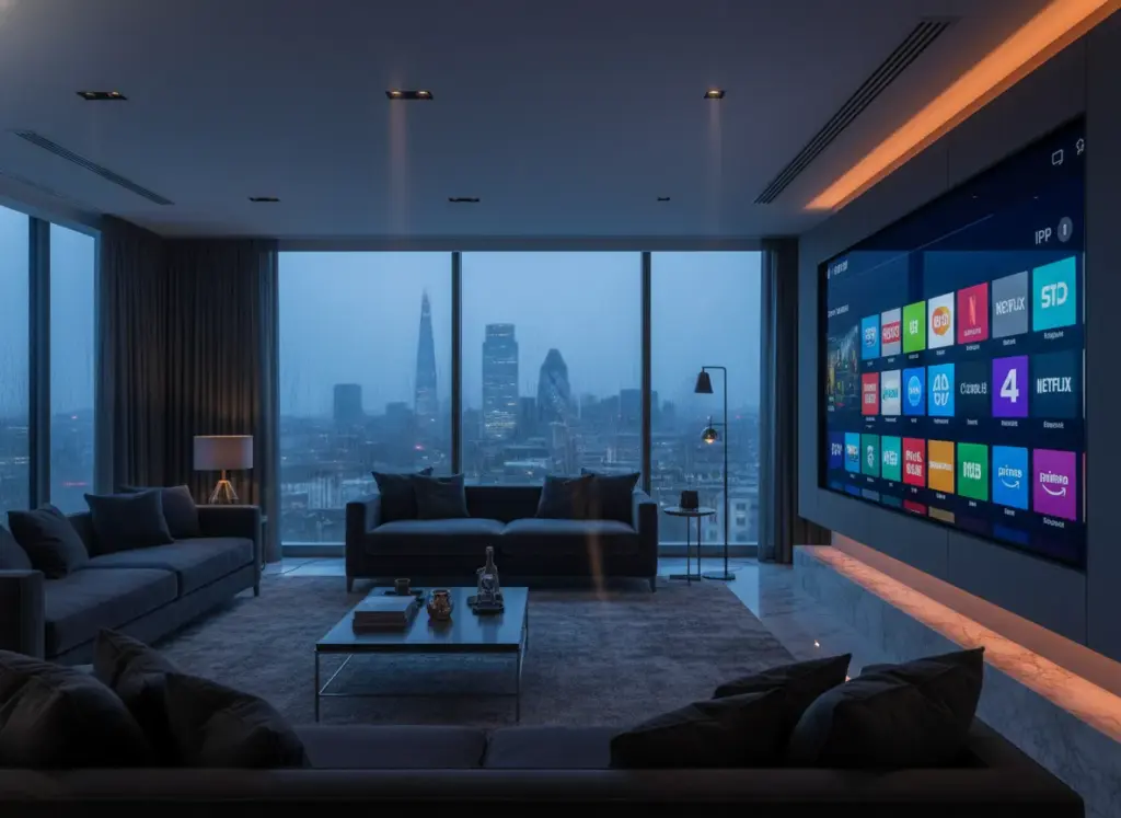 Modern British living room featuring a premium IPTV interface on a large 8K television with a blurred London city view.