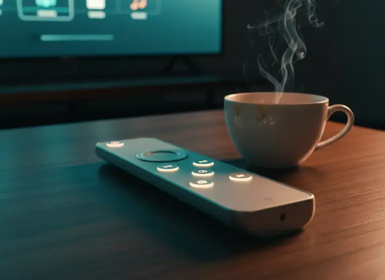 free iptv trial uk Close-up of a streaming remote and a cup of tea on a wooden table, symbolizing a high-quality UK IPTV trial experience.
