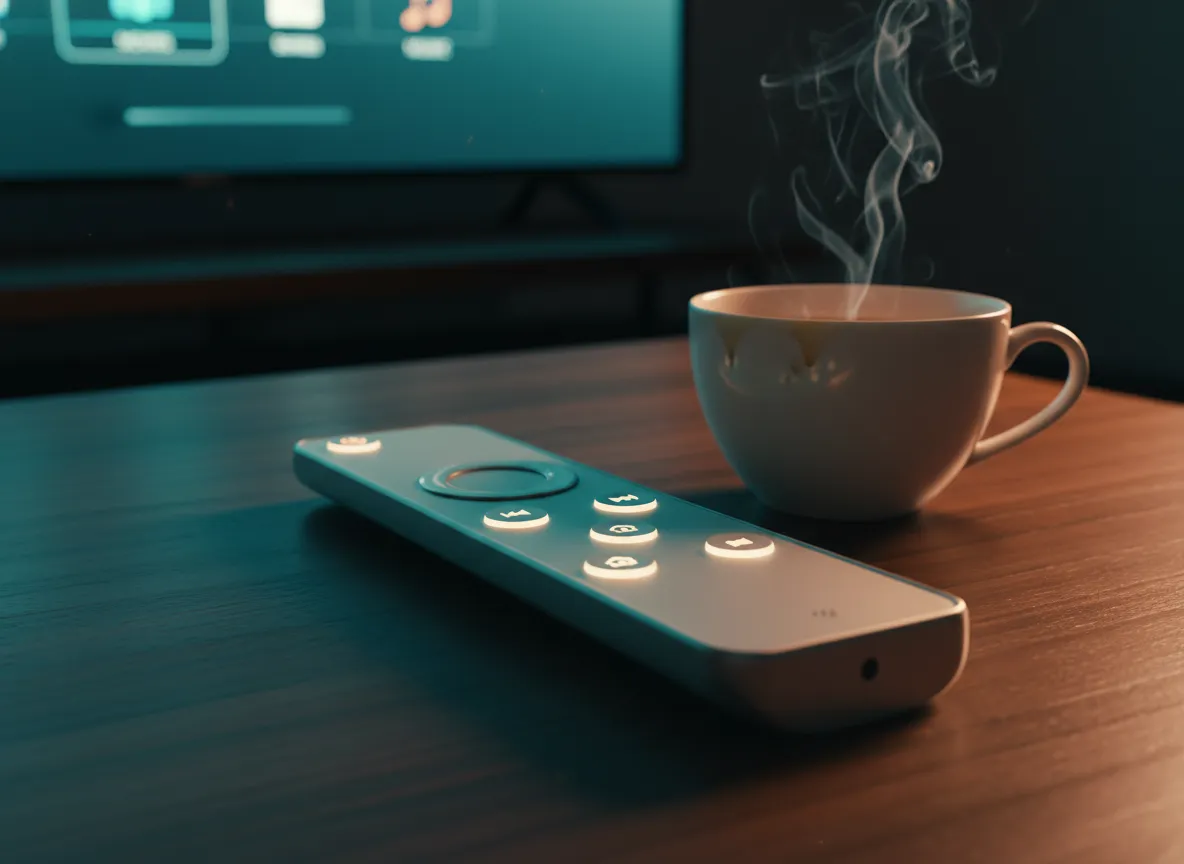 free iptv trial uk Close-up of a streaming remote and a cup of tea on a wooden table, symbolizing a high-quality UK IPTV trial experience.