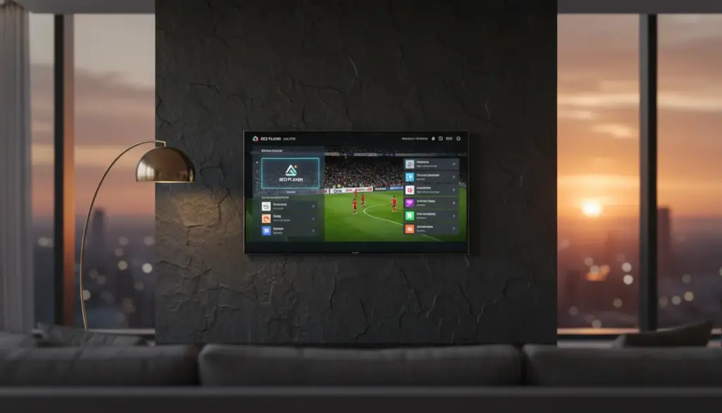 ibo player iptv High-end Samsung Smart TV displaying the IBO Player IPTV interface in a modern UK home setting with cinematic lighting.