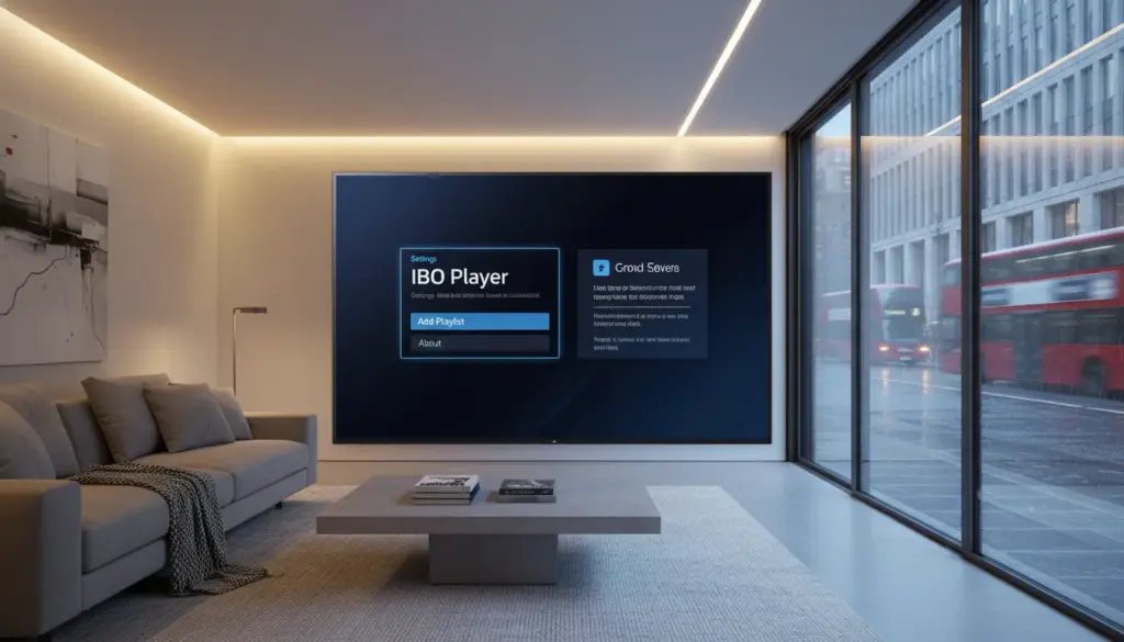 ibo player iptv Professional setup of IBO Player on an LG OLED TV featuring a sleek user dashboard in a luxury British living room.