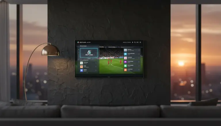 ibo player iptv High-end Samsung Smart TV displaying the IBO Player IPTV interface in a modern UK home setting with cinematic lighting.