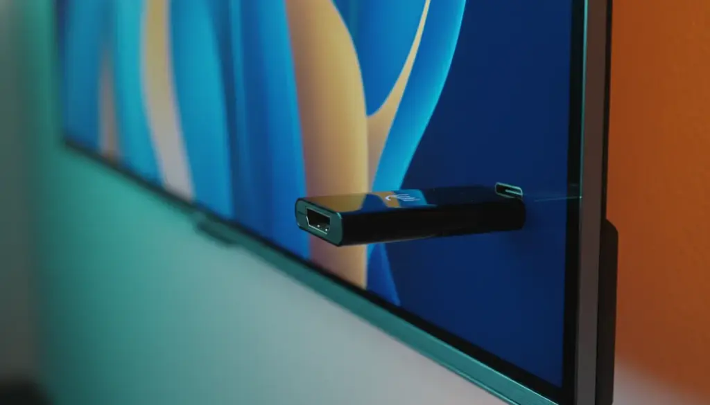 Close-up of a 4K Fire TV Stick being inserted into a television for an IPTV setup in a cinematic tech style.