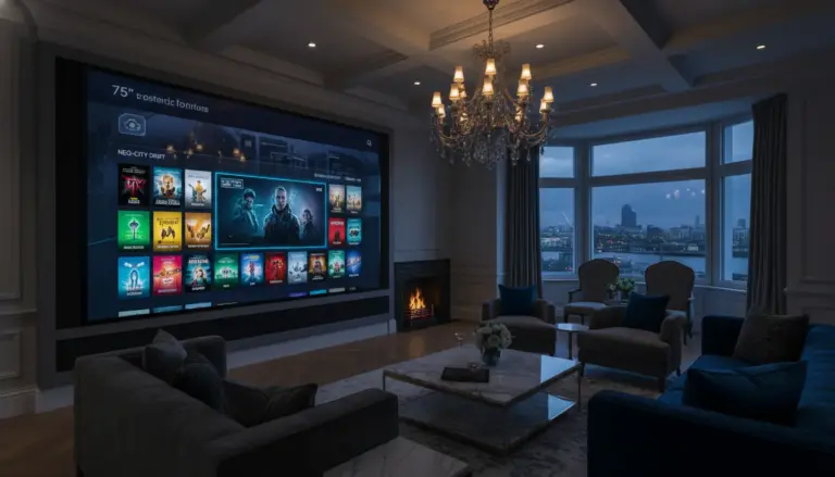 iptv firestick setup A modern living room featuring a large TV screen with a high-definition IPTV interface and professional ambient lighting.