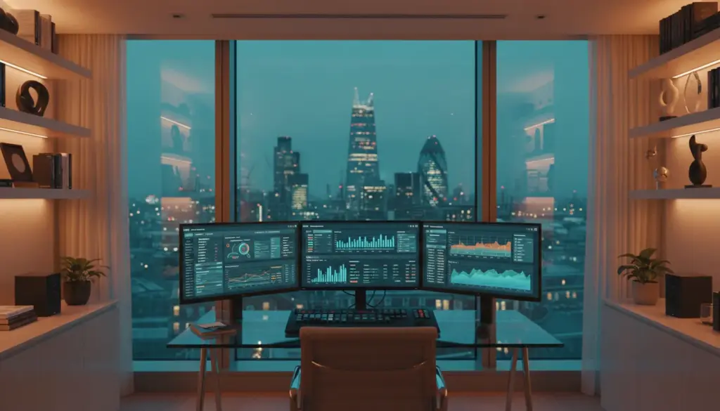 iptv reseller program A professional IPTV reseller workstation in a London office with multiple screens showing streaming management software.