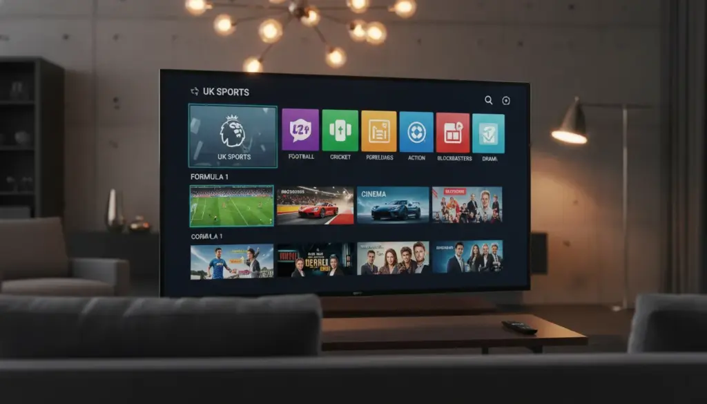 iptv reseller program A premium 4K television displaying a high-quality IPTV service interface in a modern British home setting.