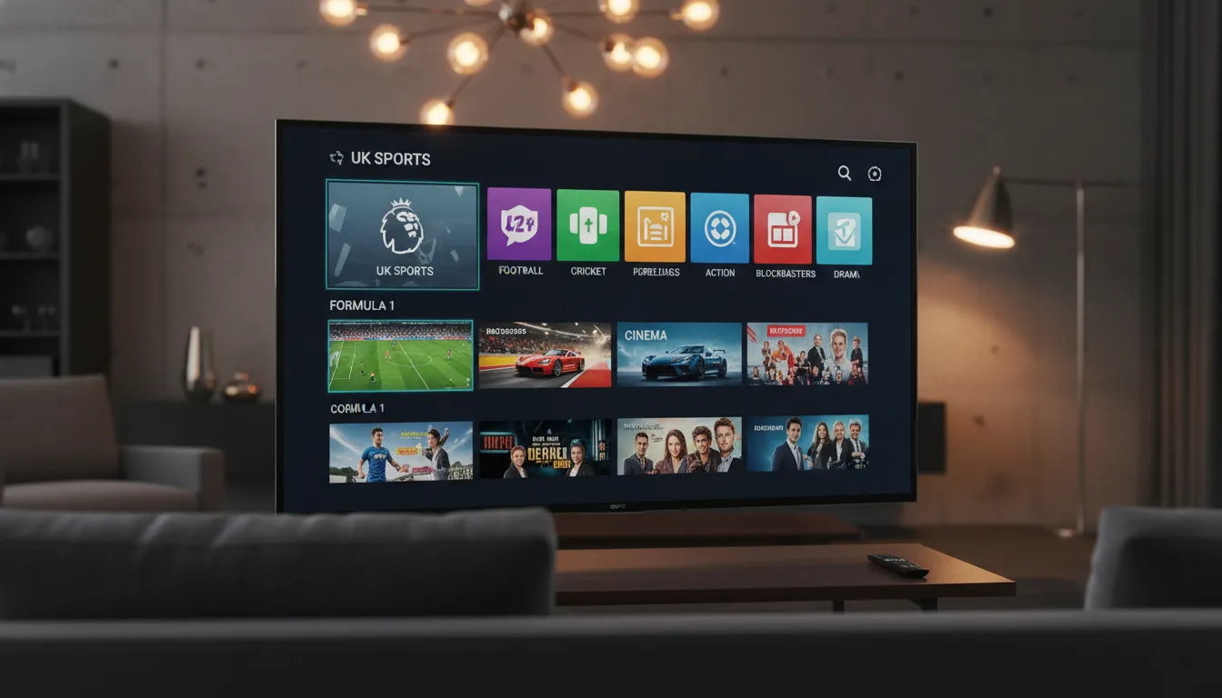 iptv reseller program A premium 4K television displaying a high-quality IPTV service interface in a modern British home setting.