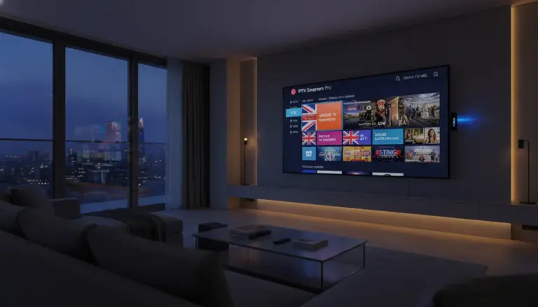 Close-up of an Android TV remote being used to navigate the IPTV Smarters Pro setup menu on a large television.