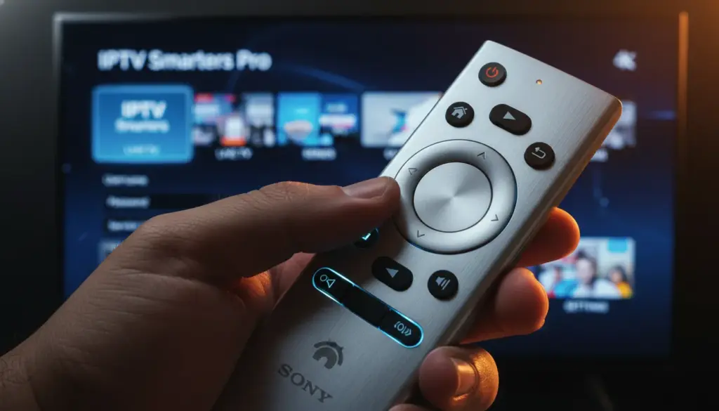 IPTV Smarters Pro interface displayed on a high-end 4K TV with a Fire Stick in a modern UK living room setting.