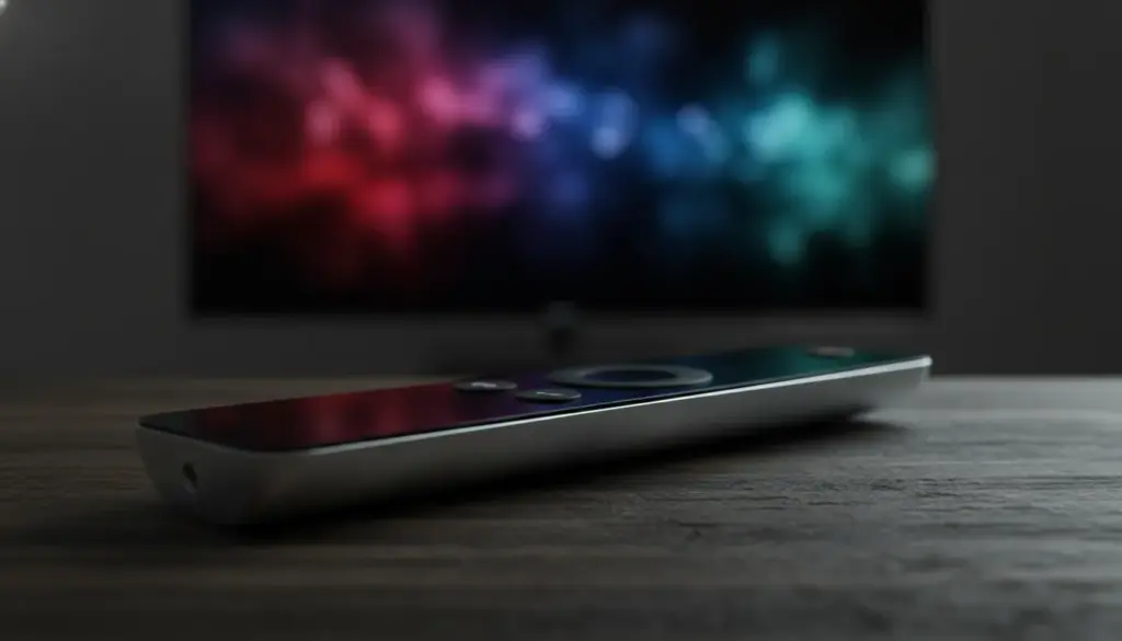 Close-up of an Apple TV remote on a wooden table with a blurred cinematic 4K streaming screen in the background.