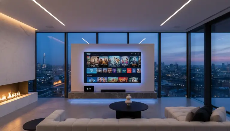 A luxury UK home cinema setup featuring a 4K OLED television running a premium IPTV interface via an Apple TV box.
