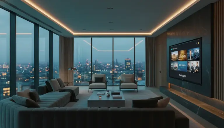iptv with catch up uk Close-up of a live football match on a high-end 8K television screen representing premium IPTV sports streaming in the UK.