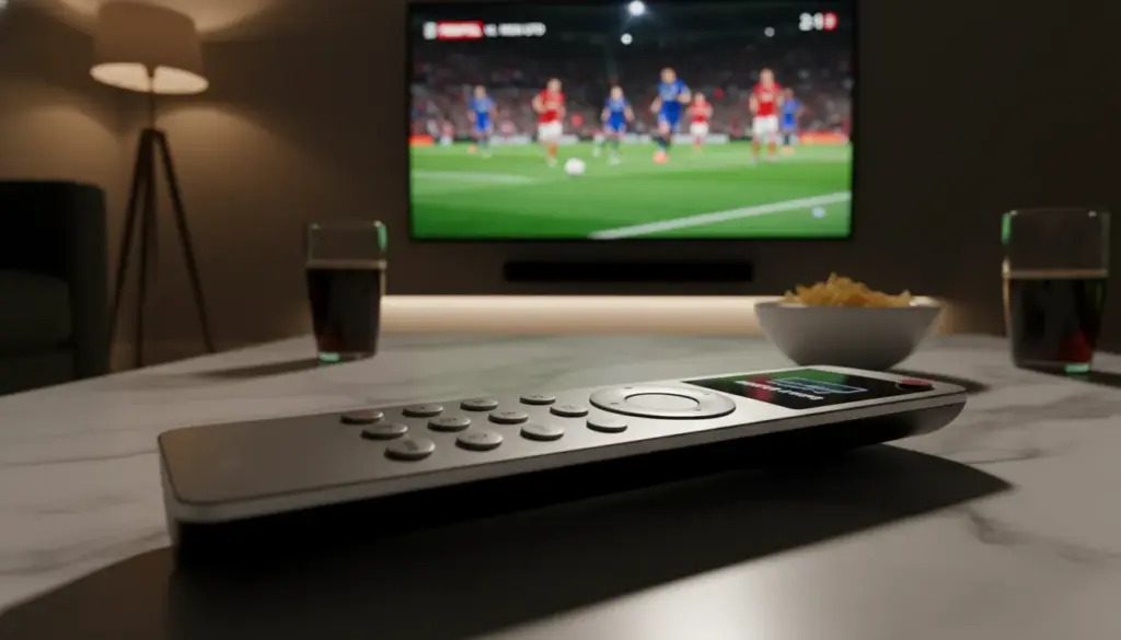 Modern UK living room featuring a sleek smart TV displaying a high-tech IPTV catch-up interface with cinematic lighting.