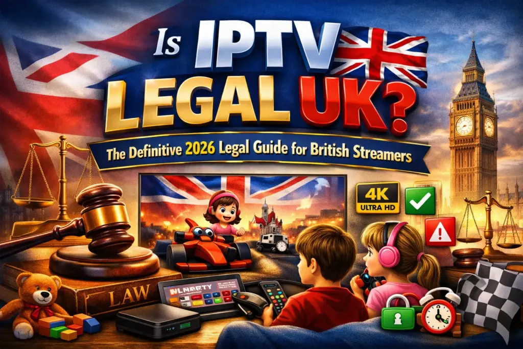 is iptv legal uk a polished, authoritative design featuring legal symbols like a gavel and scales of justice alongside streaming icons and the London skyline. It visually captures the balance between technology and law for UK viewers.