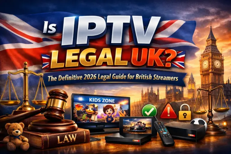 is iptv legal uk a bold, authoritative design blending UK legal imagery (gavel, scales of justice, law book) with streaming visuals (IPTV device, remote, icons) against the London skyline and Union Jack. The metallic text “Is IPTV LEGAL UK?” stands out prominently, making it perfect for sharing across platforms to grab attention and convey trust.