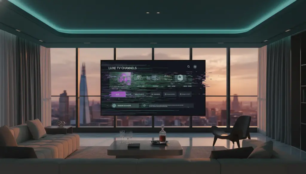 cheap uk iptv packages A cinematic 2026 modern living room featuring a large television screen displaying a glitching IPTV interface with dramatic lighting.