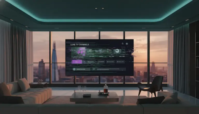 cheap uk iptv packages A cinematic 2026 modern living room featuring a large television screen displaying a glitching IPTV interface with dramatic lighting.