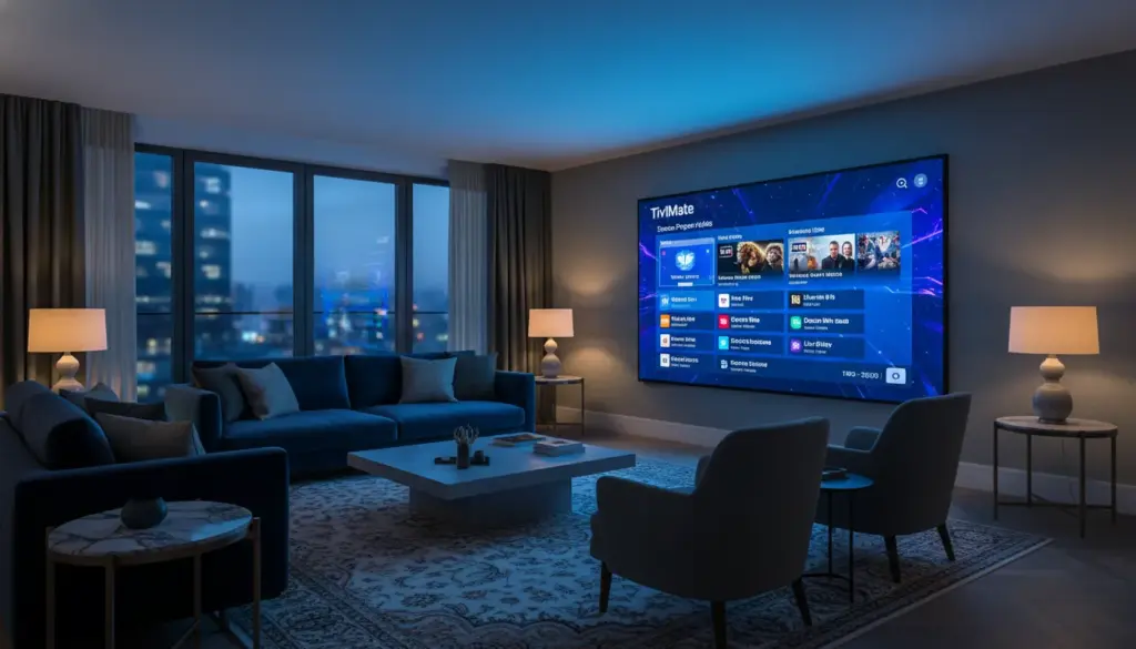 tivimate premium TiviMate Premium electronic program guide displayed on a high-end OLED TV in a modern, cinematically lit UK living room.
