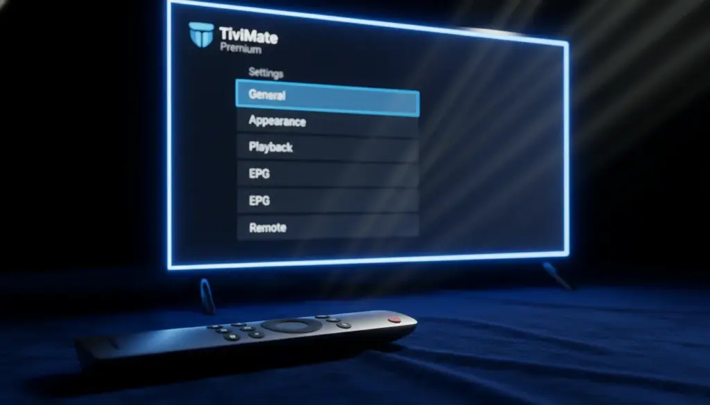 tivimate premium Close-up of a professional IPTV streaming setup featuring the TiviMate Premium dashboard with dramatic studio lighting.