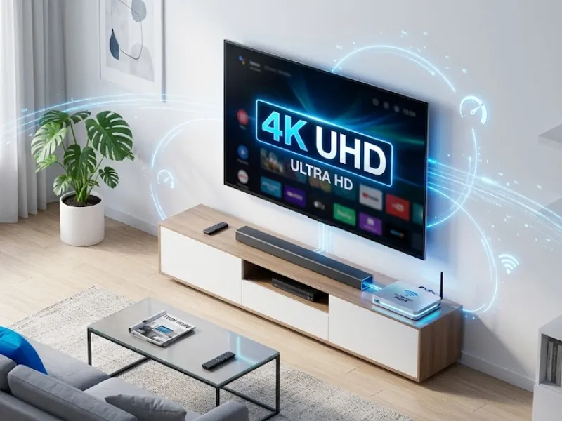 Premium UK IPTV streaming on Smart TV showing 4K resolution and multiple channels