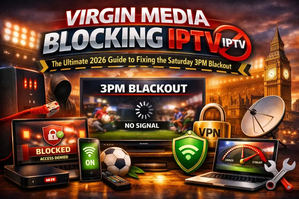 virgin media blocking iptv a bold, action‑packed visual showing a “NO SIGNAL” TV screen, Virgin Media router, and VPN/DNS icons symbolizing solutions to streaming restrictions. The football stadium backdrop and red‑yellow palette evoke urgency and match the blackout theme perfectly.