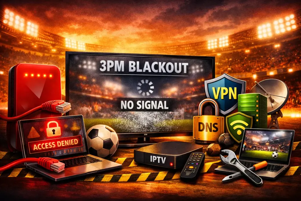 virgin media blocking iptv a vivid, text‑free visual showing a “NO SIGNAL” TV screen, Virgin Media router, VPN and DNS icons, and a football stadium backdrop. The composition captures the tension of the blackout and the promise of technical solutions with dynamic lighting and strong red‑yellow contrasts.